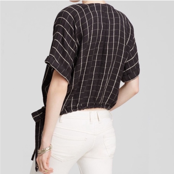 Free People Made In The Shade Linen Wrap Top black white plaid large blouse soft - Picture 2 of 15